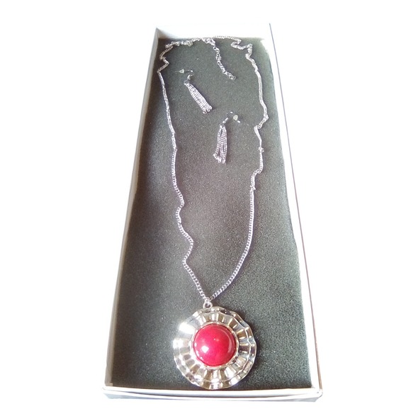 Silver Tone Necklace & Drop Earrings Set with Red Stone Fashion Jewelry gift box - Picture 2 of 7